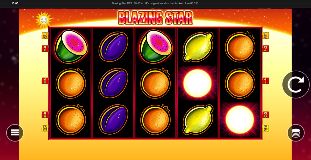 Blazing Star Slot Spieloberfläche mit 5 Walzen und Frucht-Symbolen